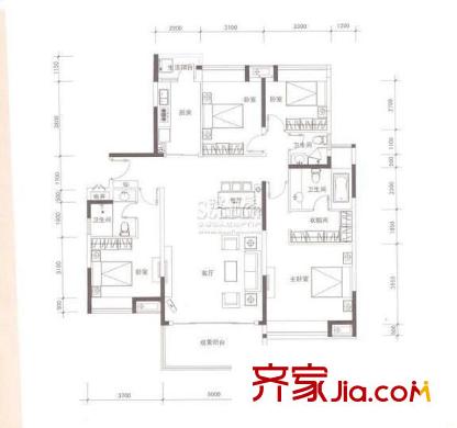 玫瑰村戶型圖4室2廳 戶型圖 4室2廳2衛(wèi)1廚