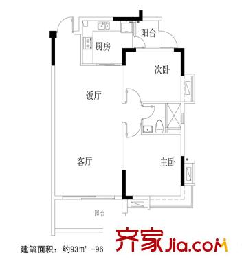 荔園香堤B戶型 2室2廳1衛(wèi)1廚