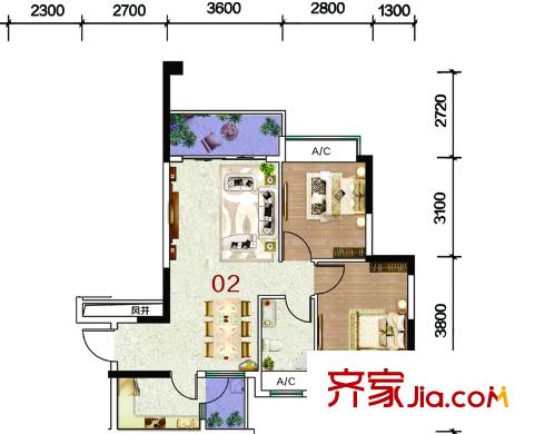 鉅隆風度盛薈廣場5棟02戶型79.78平方米 2室2廳1衛(wèi)1廚