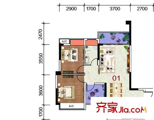 鉅隆風度盛薈廣場4棟01戶型89.42平方米 3室2廳1衛(wèi)1廚