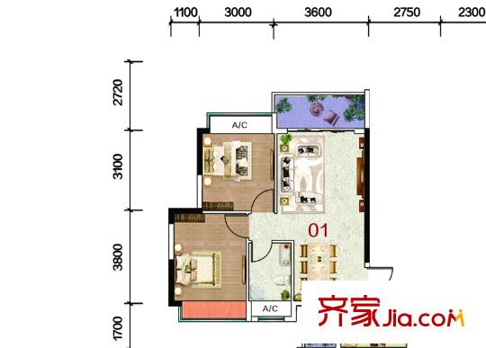 鉅隆風度盛薈廣場5棟01戶型77.04平方米 2室2廳1衛(wèi)1廚