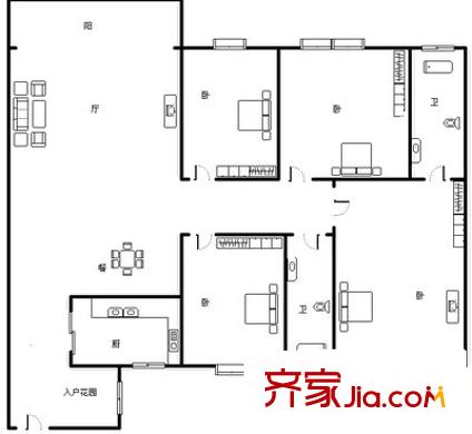 俊景花園B區(qū)戶型圖四室兩廳戶型圖 4室2廳2衛(wèi)1廚