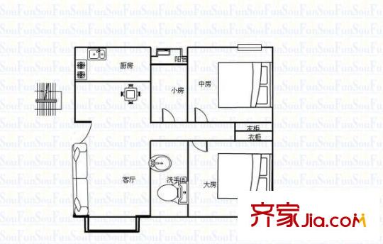 俊景花園B區(qū)戶型圖三室兩廳戶型圖 3室2廳2衛(wèi)1廚