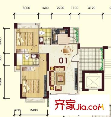 豪景新城觀景苑1號(hào)樓01、02戶型 2室2廳2衛(wèi)1廚