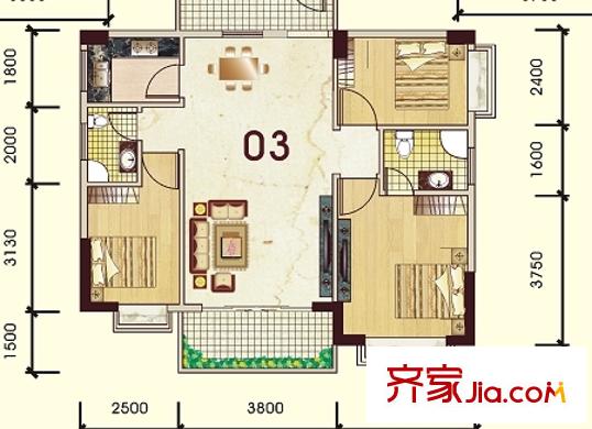 豪景新城觀景苑1號(hào)樓03戶型 3室2廳2衛(wèi)1廚