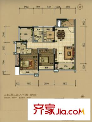 濱江1號(hào)1座03戶型 2室2廳2衛(wèi)1廚