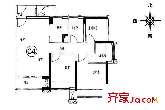 濱江1號(hào)8座04戶型約90平方米 3室2廳2衛(wèi)1廚