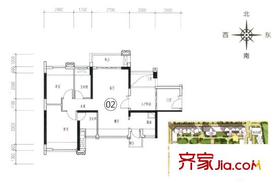 濱江1號(hào)9座02戶型約90平方米 3室2廳2衛(wèi)1廚
