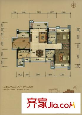 濱江1號(hào)1座01戶型 2室2廳2衛(wèi)1廚