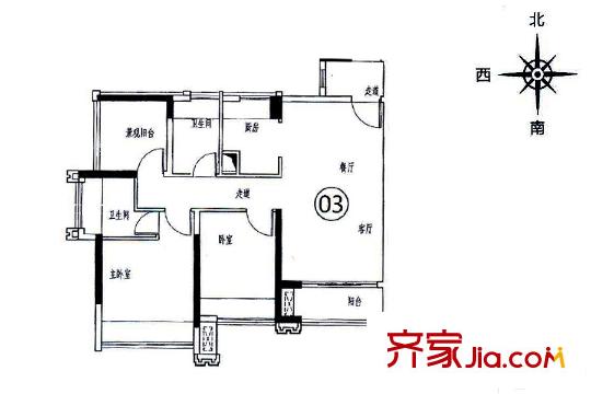 濱江1號(hào)8座03戶型約90平方米 3室2廳2衛(wèi)1廚