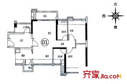 濱江1號(hào)8座01戶型約90平方米 3室2廳2衛(wèi)1廚