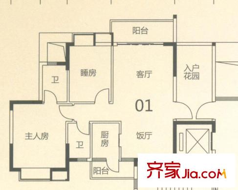 頤澳公園印象戶型圖1座01單元 2室2廳2衛(wèi)1廚