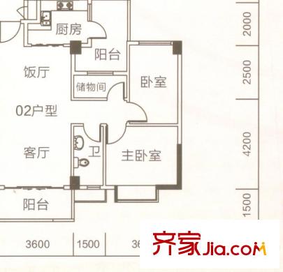 獅山陽光嘉園5座02戶型 2室2廳2衛(wèi)1廚