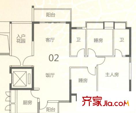 頤澳公園印象戶型圖1座02單元 3室2廳2衛(wèi)1廚
