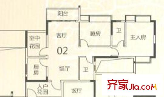 頤澳公園印象戶型圖2座02單元 2室2廳2衛(wèi)1廚