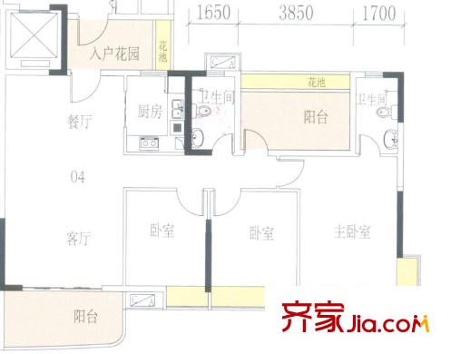 星御名都戶(hù)型圖B棟4-21層04單位 4室2廳1衛(wèi)1廚
