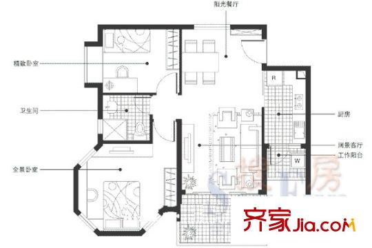 萬科四季花城戶型圖221B戶型 2室2廳1衛(wèi)1廚