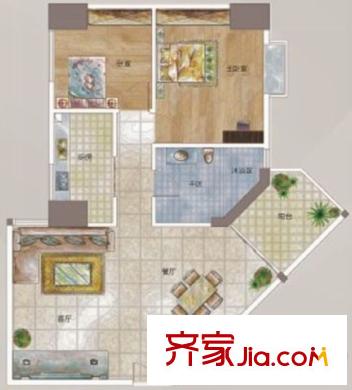 御峰國際2座01單元戶型圖 2室2廳1衛(wèi)1廚