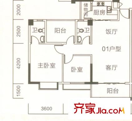 獅山陽光嘉園5座01戶型 2室2廳2衛(wèi)1廚
