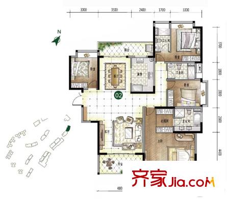 美的君蘭江山16座02戶型建面約194平方米 4室2廳3衛(wèi)1廚