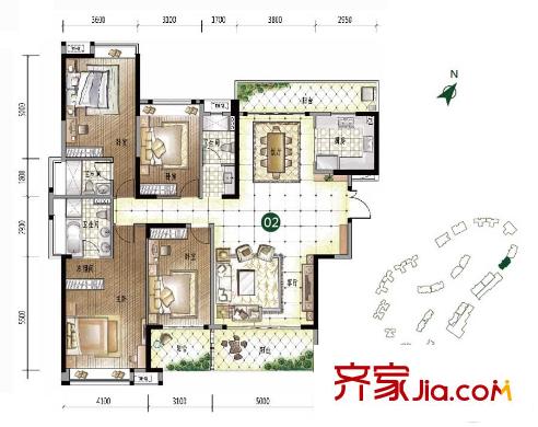 美的君蘭江山17座02戶型建面約205平方米 4室2廳3衛(wèi)1廚