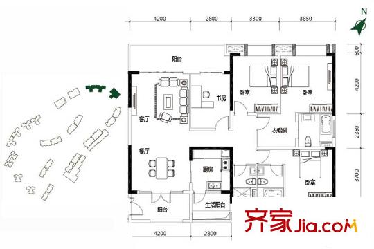 美的君蘭江山13、14、15座01、02戶型建面約175平方米 4室2廳3衛(wèi)1廚