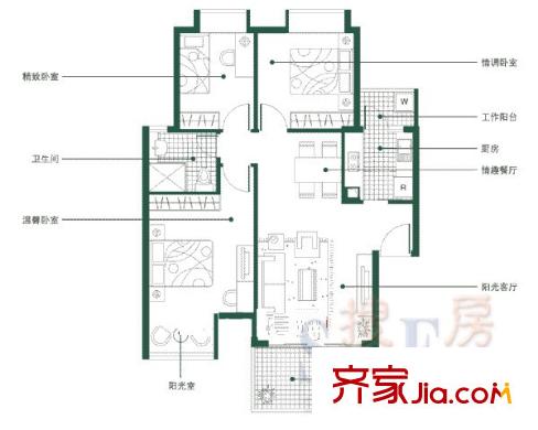 萬科四季花城戶型圖321A戶型 3室2廳1衛(wèi)1廚