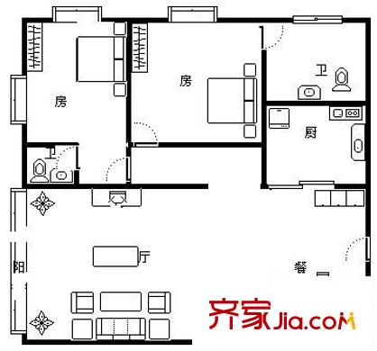 海景大廈戶型圖2室2廳戶型圖 2室2廳2衛(wèi)1廚