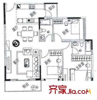大良西北區(qū)小區(qū)戶型圖3室2廳戶型圖 3室2廳2衛(wèi)1廚