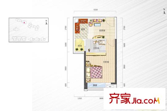 港宏世家16座03單元 48平方米 1室1廳1衛(wèi)1廚