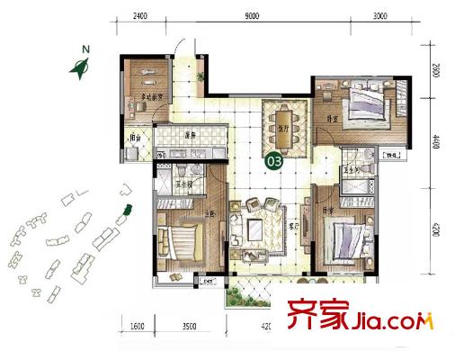 美的君蘭江山16、17座03戶型建面約141平方米 4室2廳2衛(wèi)1廚