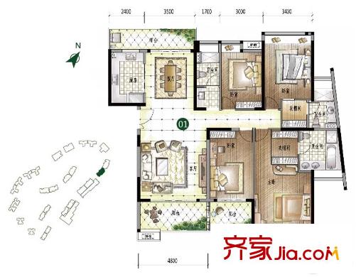 美的君蘭江山16、17座01戶型建面約195平方米 4室2廳3衛(wèi)1廚