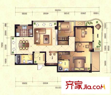 陽光棕櫚園戶型圖3室2廳 3室2廳2衛(wèi)1廚