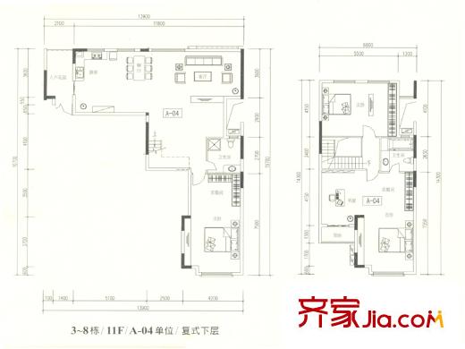 勁嘉金棕櫚灣3-8棟復(fù)式A-04單位4房2廳2衛(wèi)221.78平 4室2廳2衛(wèi)1廚