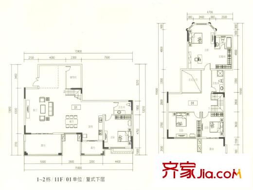 勁嘉金棕櫚灣1-2棟復(fù)式01單位4房2廳3衛(wèi)272.19平 4室2廳3衛(wèi)1廚