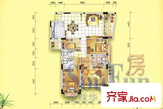 鳳嶺名都戶(hù)型圖圣陶沙?B戶(hù)型 4室2廳3衛(wèi)1廚