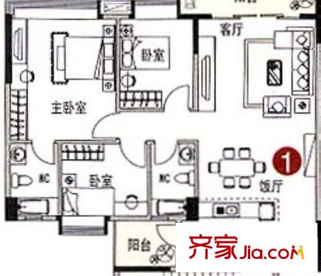 盈翠居戶型圖三室兩廳戶型圖 3室2廳2衛(wèi)1廚
