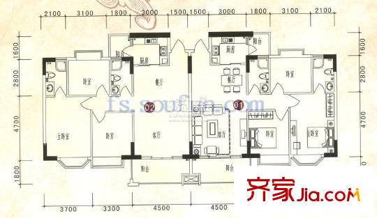 南港名軒戶型圖南北向兩梯四戶01戶型 