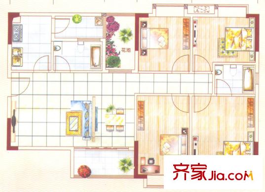 金威名苑戶型圖1座01單元 4房2廳2衛(wèi)1廚 4室2廳2衛(wèi)1廚