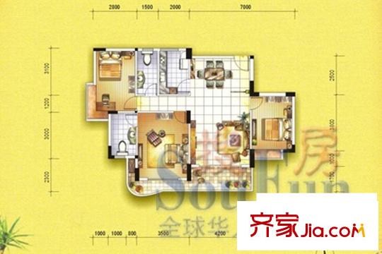 鳳嶺名都戶型圖圣陶沙?C戶型 3室2廳2衛(wèi)1廚