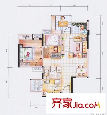 時代糖果戶型圖77平方米單元 3室2廳1衛(wèi)1廚