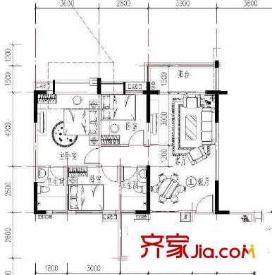 華夏新城16座01單元戶型 3室2廳2衛(wèi)1廚