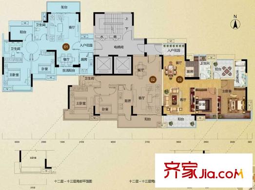 騰峰天倫華府戶型圖3座3-13層 2室2廳2衛(wèi)1廚