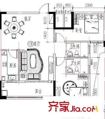 華夏新城16座03單元戶型 2室2廳2衛(wèi)1廚
