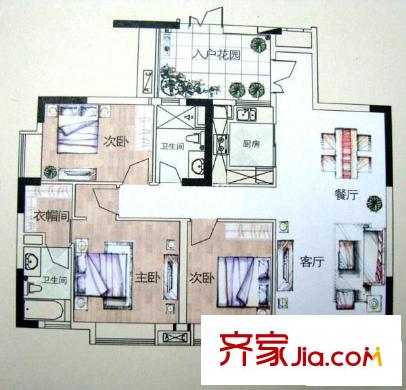 保利花園戶型圖3室2廳 戶型圖 3室2廳2衛(wèi)1廚