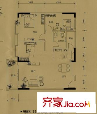東匯家園戶型圖9棟3-11層02戶型 3室2廳1衛(wèi)1廚