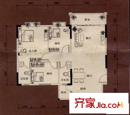 東匯家園戶型圖 8棟3-11層02戶型 3室2廳2衛(wèi)1廚