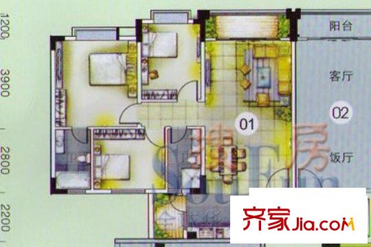 名尚軒戶型圖一座01 3室2廳2衛(wèi)1廚