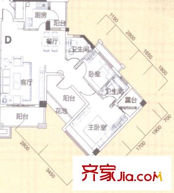 風(fēng)度廣場(chǎng)1棟5-9層D戶型 3室2廳2衛(wèi)1廚