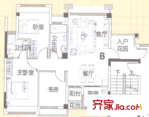 風(fēng)度廣場(chǎng)1棟5-9層B戶型 3室2廳2衛(wèi)1廚